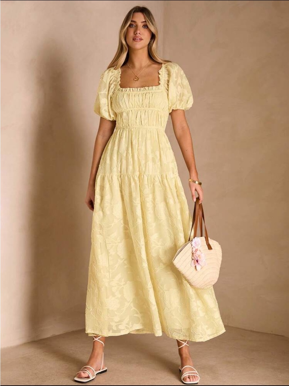Butter yellow, square neck, smocked, babydoll maternity dress- L